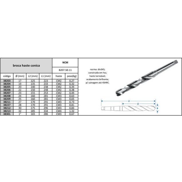 broca haste conica 25 mm cone morse 3