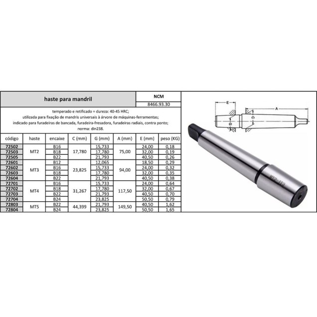 haste para mandril cone morse 4xb24