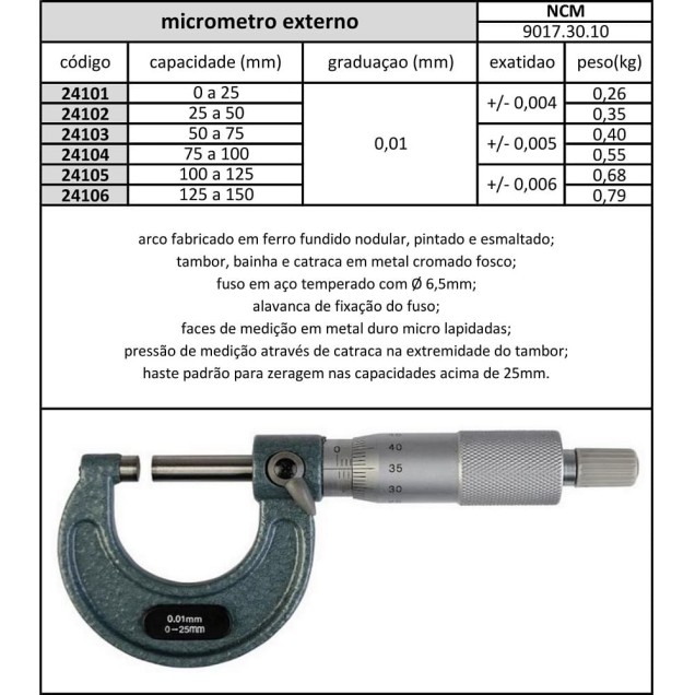 micrometro externo 075 a 100 mm x 0,01 mm