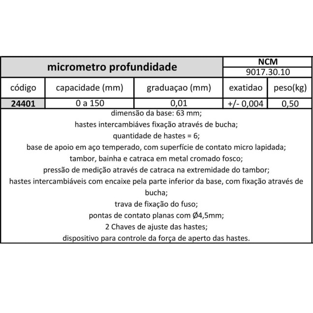 micrometro profundidade 0 a 150 mmx0,01 mm base 63 mm